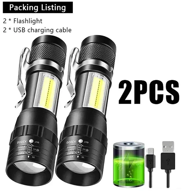 Mini USB Rechargeable LED Flashlight - COB XPE, Zoomable, 3 Modes, Built-in Battery, Outdoor Camping Emergency Torch