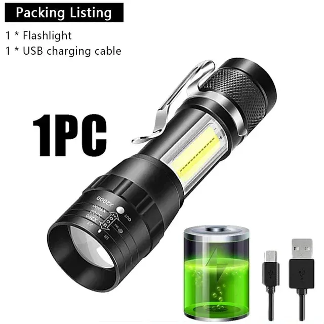 Mini USB Rechargeable LED Flashlight - COB XPE, Zoomable, 3 Modes, Built-in Battery, Outdoor Camping Emergency Torch