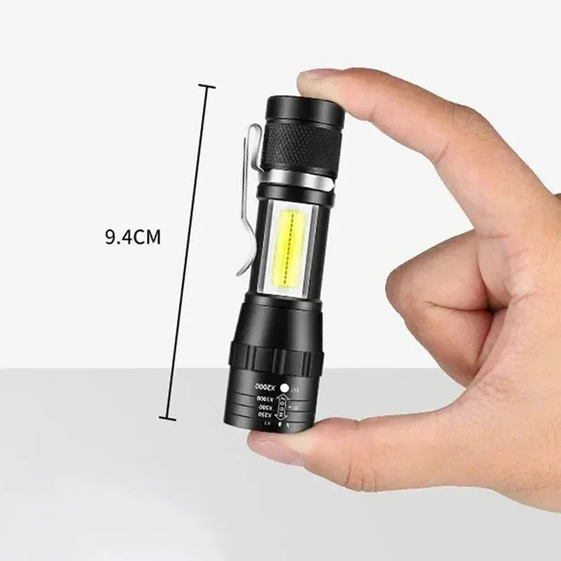 Mini USB Rechargeable LED Flashlight - COB XPE, Zoomable, 3 Modes, Built-in Battery, Outdoor Camping Emergency Torch