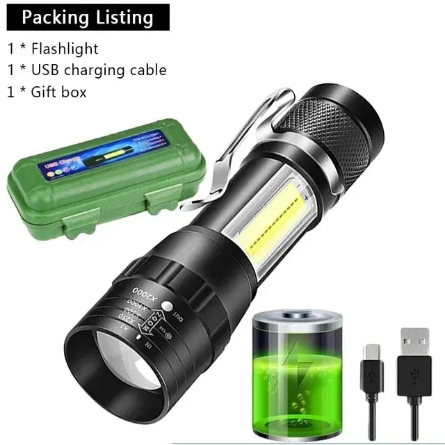 Mini USB Rechargeable LED Flashlight - COB XPE, Zoomable, 3 Modes, Built-in Battery, Outdoor Camping Emergency Torch