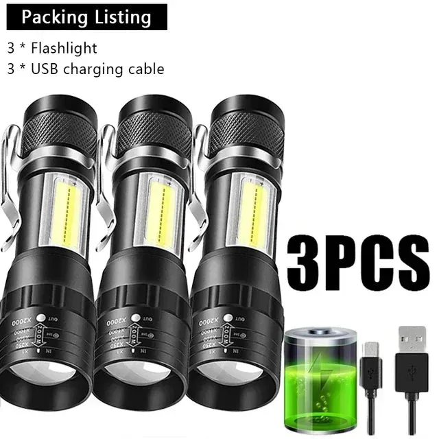 Mini USB Rechargeable LED Flashlight - COB XPE, Zoomable, 3 Modes, Built-in Battery, Outdoor Camping Emergency Torch