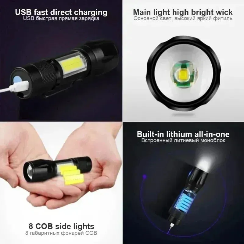 Mini USB Rechargeable LED Flashlight - COB XPE, Zoomable, 3 Modes, Built-in Battery, Outdoor Camping Emergency Torch