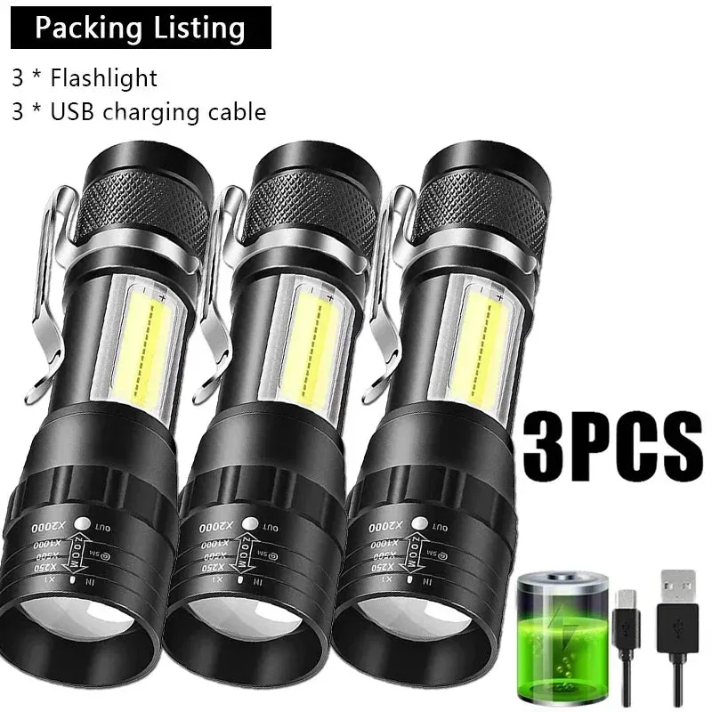 Mini USB Rechargeable LED Flashlight - COB XPE, Zoomable, 3 Modes, Built-in Battery, Outdoor Camping Emergency Torch