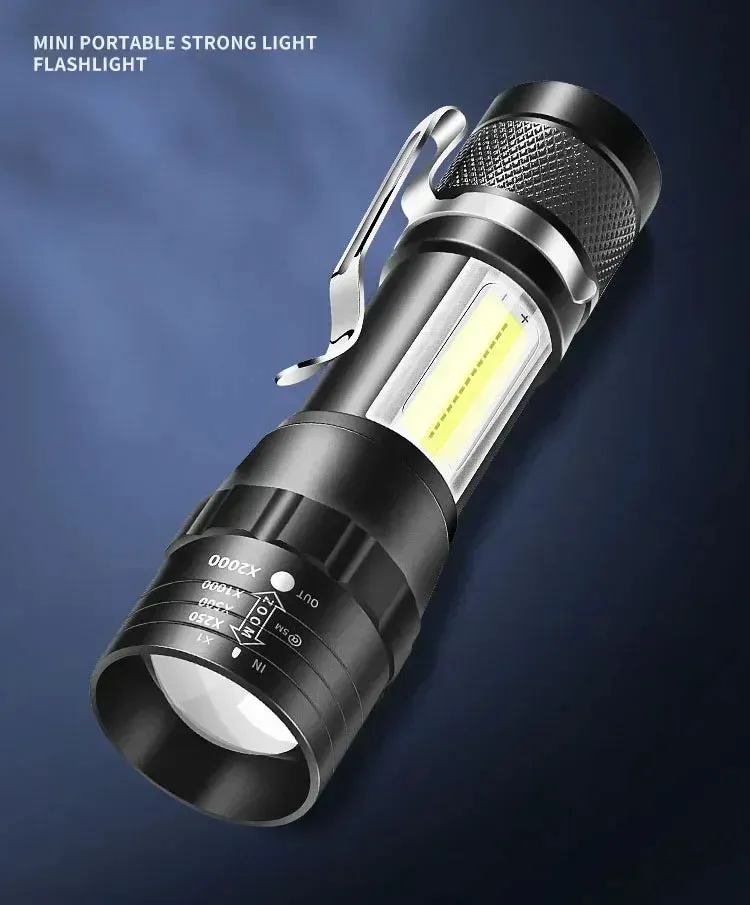 Mini USB Rechargeable LED Flashlight - COB XPE, Zoomable, 3 Modes, Built-in Battery, Outdoor Camping Emergency Torch