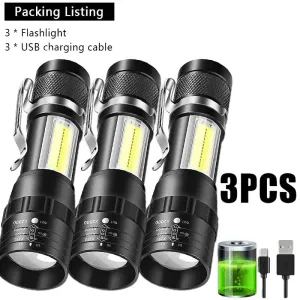 Mini USB Rechargeable LED Flashlight - COB XPE, Zoomable, 3 Modes, Built-in Battery, Outdoor Camping Emergency Torch