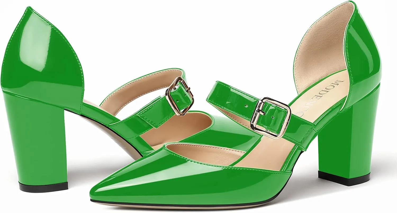 MODENCOCO Women's Pointed Toe Instep Adjustable Strap Buckle Patent Cut Out Block High Heel Pumps Shoes 3.5 Inch