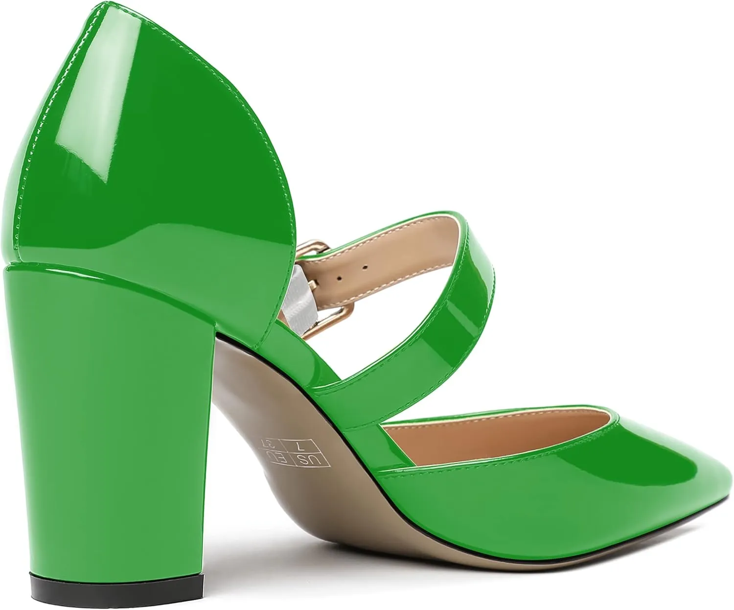 MODENCOCO Women's Pointed Toe Instep Adjustable Strap Buckle Patent Cut Out Block High Heel Pumps Shoes 3.5 Inch