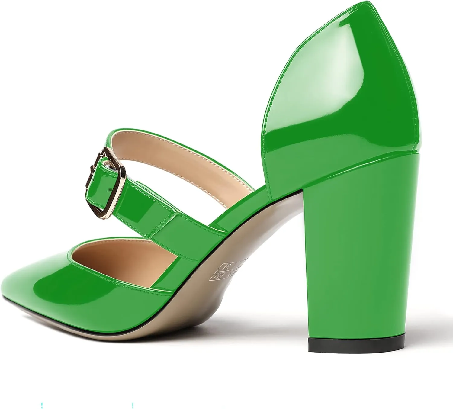 MODENCOCO Women's Pointed Toe Instep Adjustable Strap Buckle Patent Cut Out Block High Heel Pumps Shoes 3.5 Inch