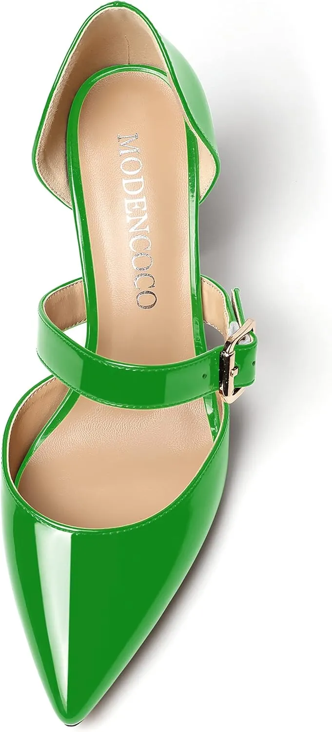 MODENCOCO Women's Pointed Toe Instep Adjustable Strap Buckle Patent Cut Out Block High Heel Pumps Shoes 3.5 Inch