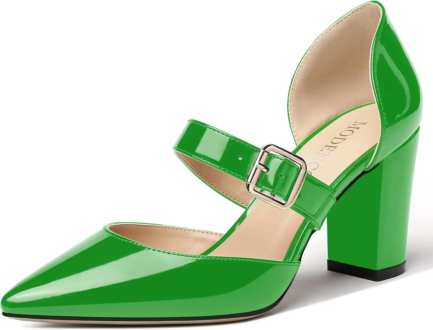 MODENCOCO Women's Pointed Toe Instep Adjustable Strap Buckle Patent Cut Out Block High Heel Pumps Shoes 3.5 Inch