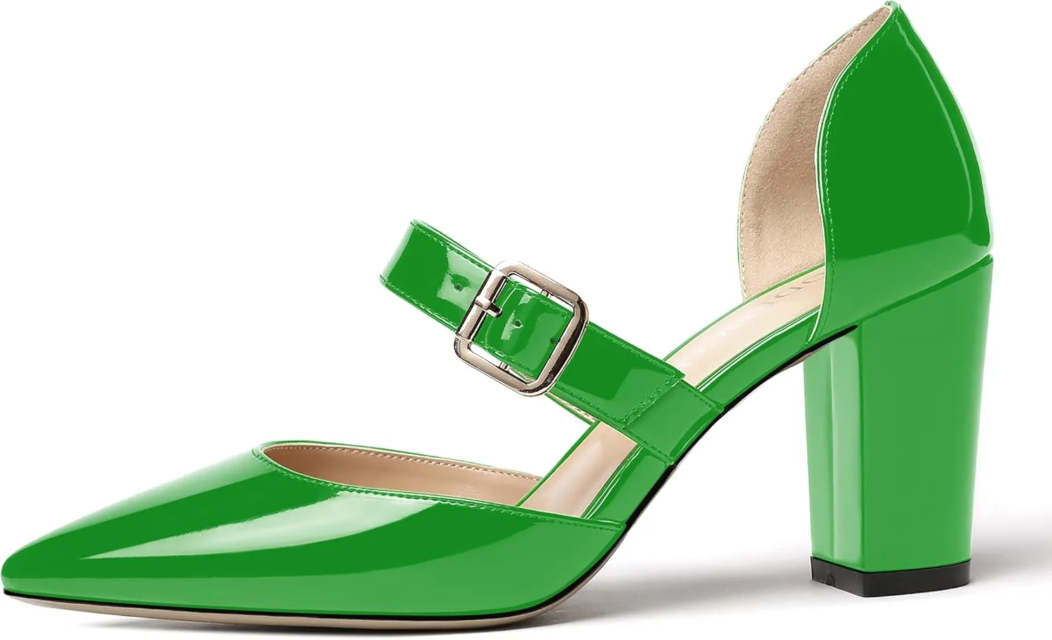 MODENCOCO Women's Pointed Toe Instep Adjustable Strap Buckle Patent Cut Out Block High Heel Pumps Shoes 3.5 Inch