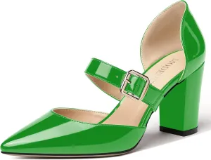 MODENCOCO Women's Pointed Toe Instep Adjustable Strap Buckle Patent Cut Out Block High Heel Pumps Shoes 3.5 Inch