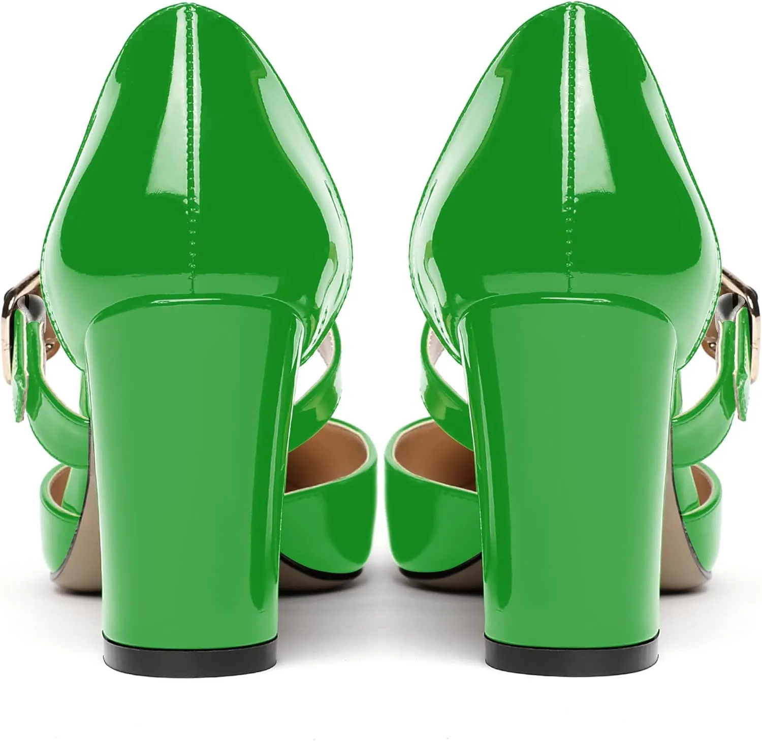 MODENCOCO Women's Pointed Toe Instep Adjustable Strap Buckle Patent Cut Out Block High Heel Pumps Shoes 3.5 Inch