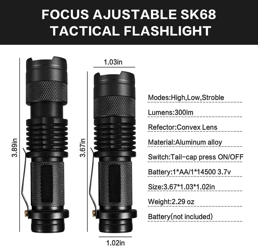 MODOAO 6 Pack Mini Flashlights LED Flashlight 7W 350LM 3 Mode Flashlight Torch Adjustable Focus Zoomable Light,Skid-Proof Design & Waterproof Design (Black)