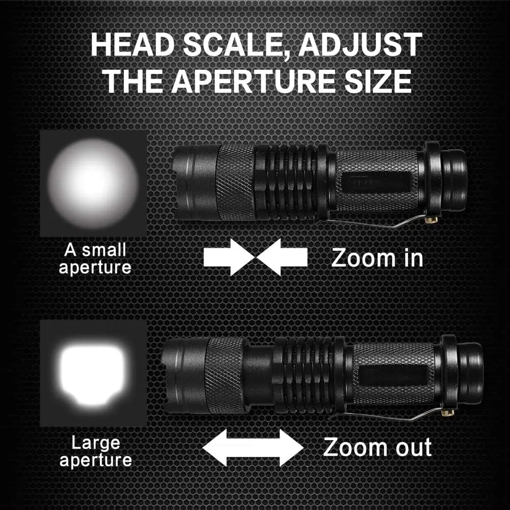 MODOAO 6 Pack Mini Flashlights LED Flashlight 7W 350LM 3 Mode Flashlight Torch Adjustable Focus Zoomable Light,Skid-Proof Design & Waterproof Design (Black)