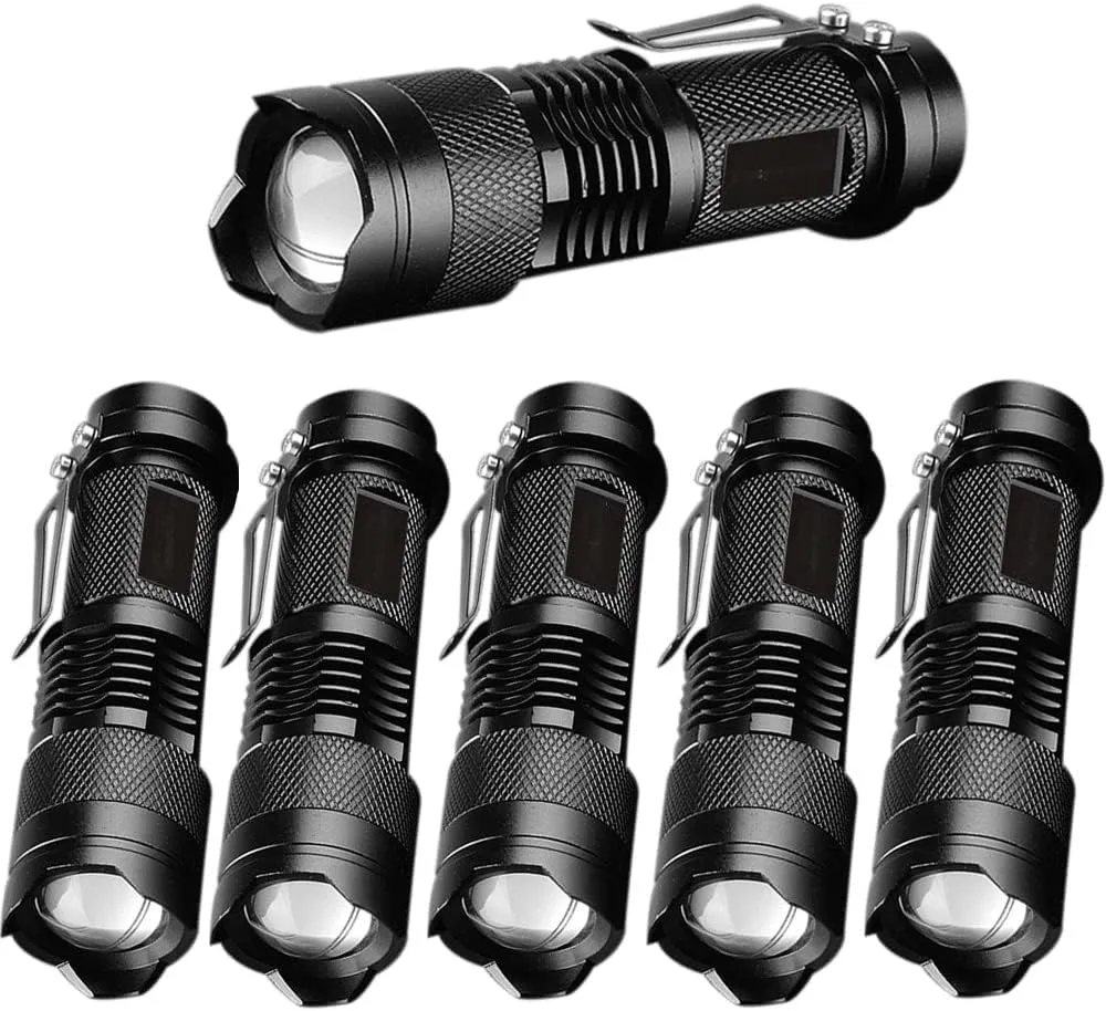 MODOAO 6 Pack Mini Flashlights LED Flashlight 7W 350LM 3 Mode Flashlight Torch Adjustable Focus Zoomable Light,Skid-Proof Design & Waterproof Design (Black)