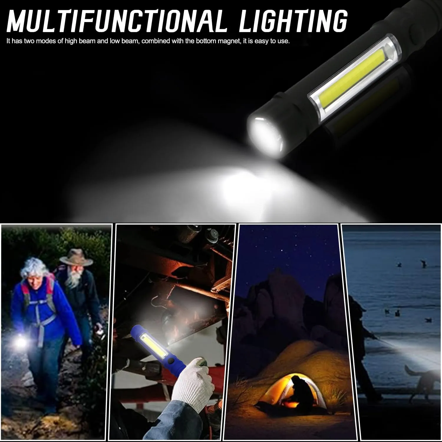 MODOAO Flashlight High Lumens with Magnetic Base Super Bright COB LED Work Light Portable Torch Lamp for Outdoor Camping Flashlight by Brightness (Black,5pack)