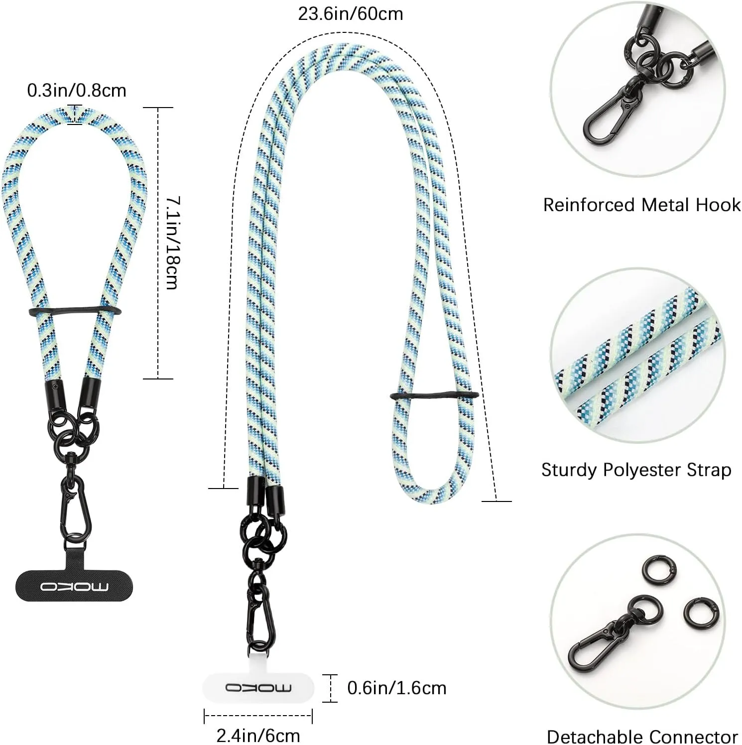 MoKo Adjustable Cell Phone Lanyard, Premium 8mm Thick Rope Mobile Phone Neck Strap & Wrist Strap, Lanyard Patch2, Blue & Green