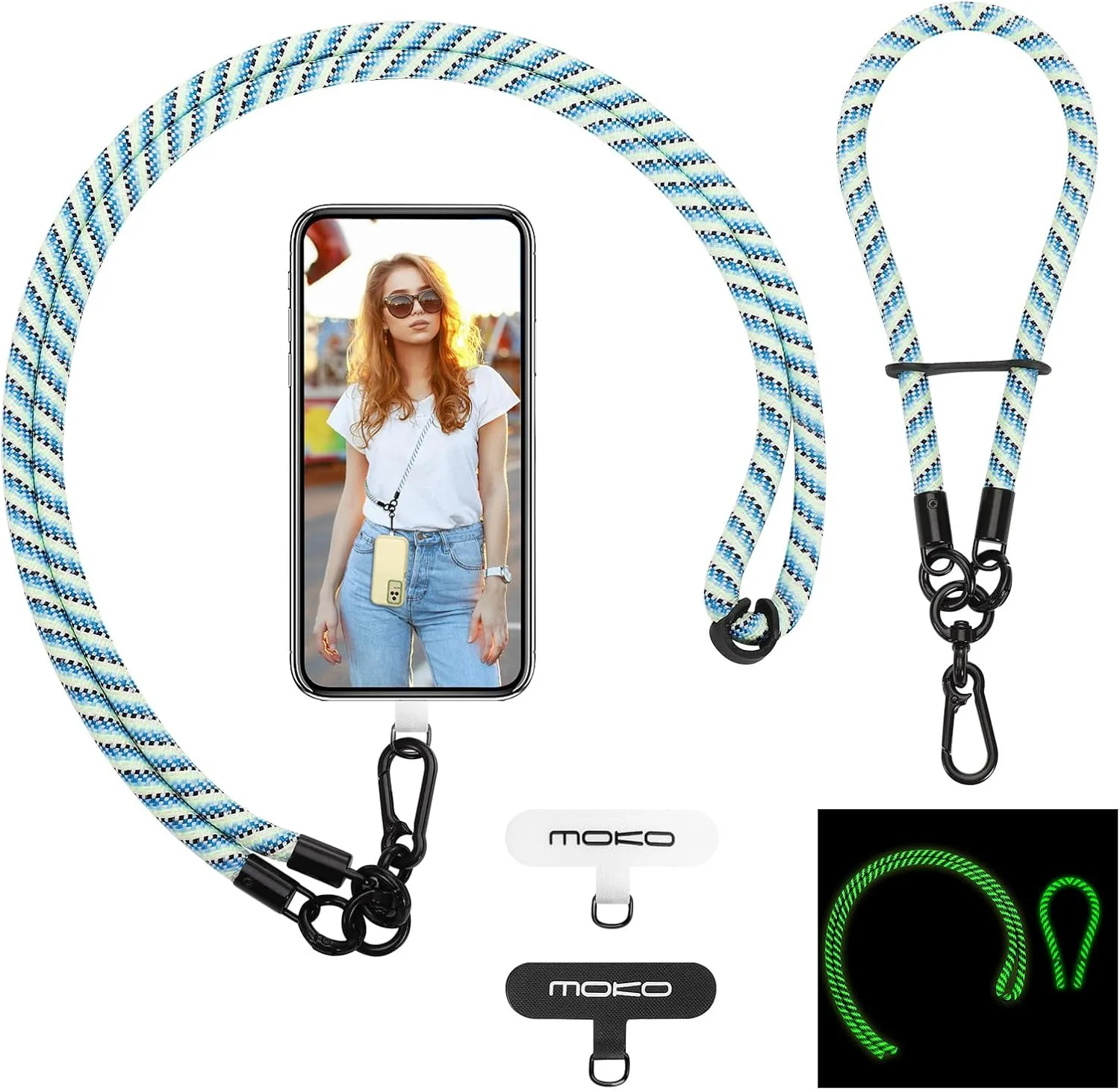 MoKo Adjustable Cell Phone Lanyard, Premium 8mm Thick Rope Mobile Phone Neck Strap & Wrist Strap, Lanyard Patch2, Blue & Green
