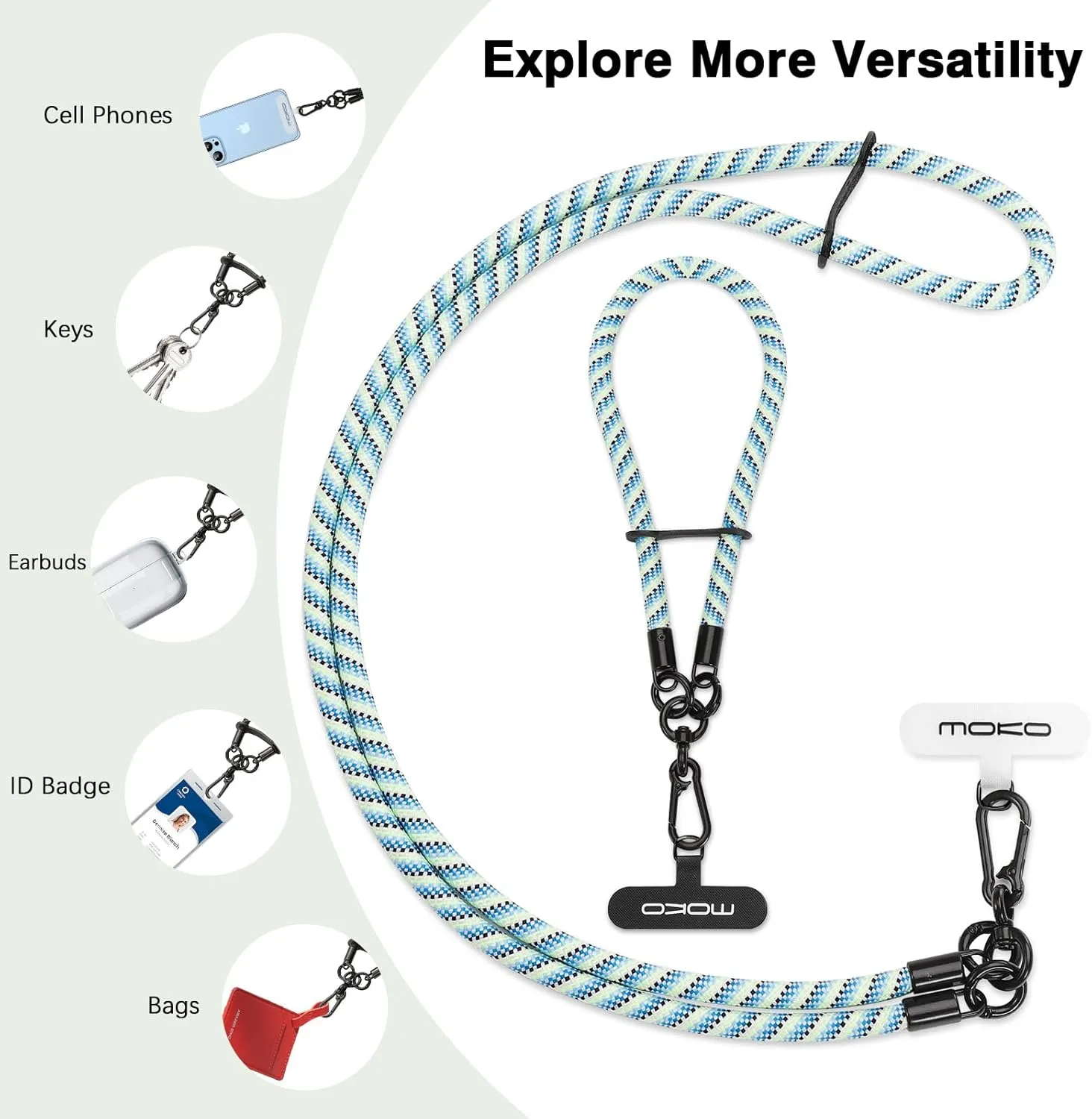 MoKo Adjustable Cell Phone Lanyard, Premium 8mm Thick Rope Mobile Phone Neck Strap & Wrist Strap, Lanyard Patch2, Blue & Green