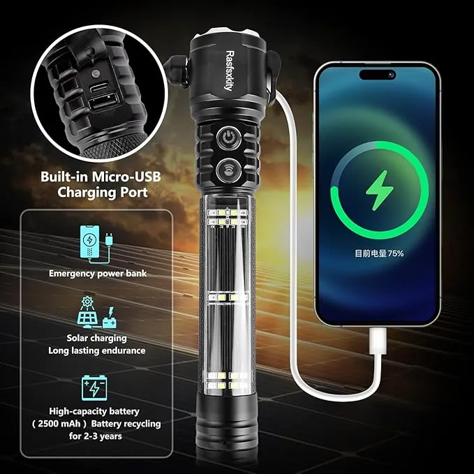 Multi-Function Emergency with Window Breaker and Seatbelt Cutter, LED Flashlight, Strobe SOS Beacon，Mobile Power，Alarm Rescue, 2024 Version，for car，Outdoor，Hiking, Fishing, Dog Walking