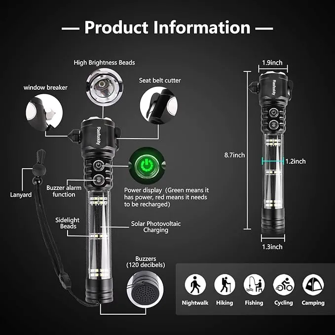 Multi-Function Emergency with Window Breaker and Seatbelt Cutter, LED Flashlight, Strobe SOS Beacon，Mobile Power，Alarm Rescue, 2024 Version，for car，Outdoor，Hiking, Fishing, Dog Walking