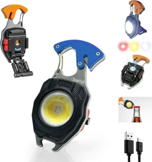 Multifunctional COB Mini Keychain Flashlights,7 Light Modes,LED Rechargeable Small Torch with Screwdriver,Bottle Opener,Lighter etc. for Outdoor Camping Hiking(Blue)