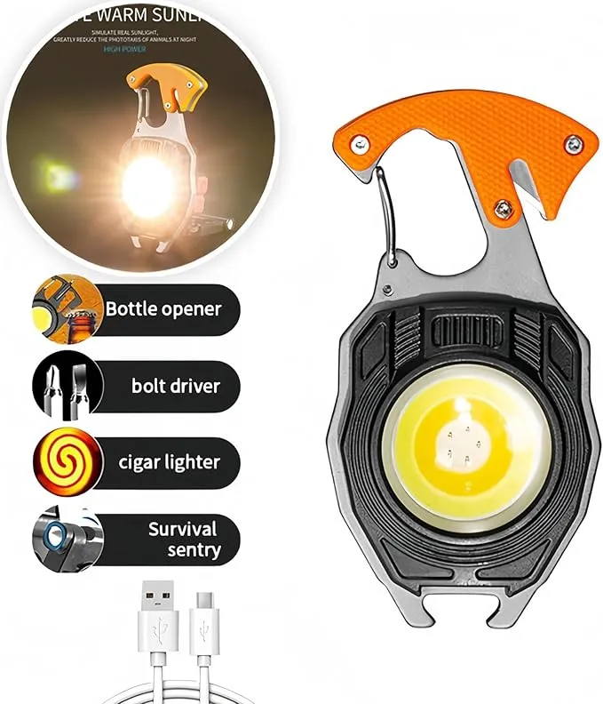 Multifunctional COB Mini Keychain Flashlights,7 Light Modes,LED Rechargeable Small Torch with Screwdriver,Bottle Opener,Lighter etc. for Outdoor Camping Hiking(Blue)
