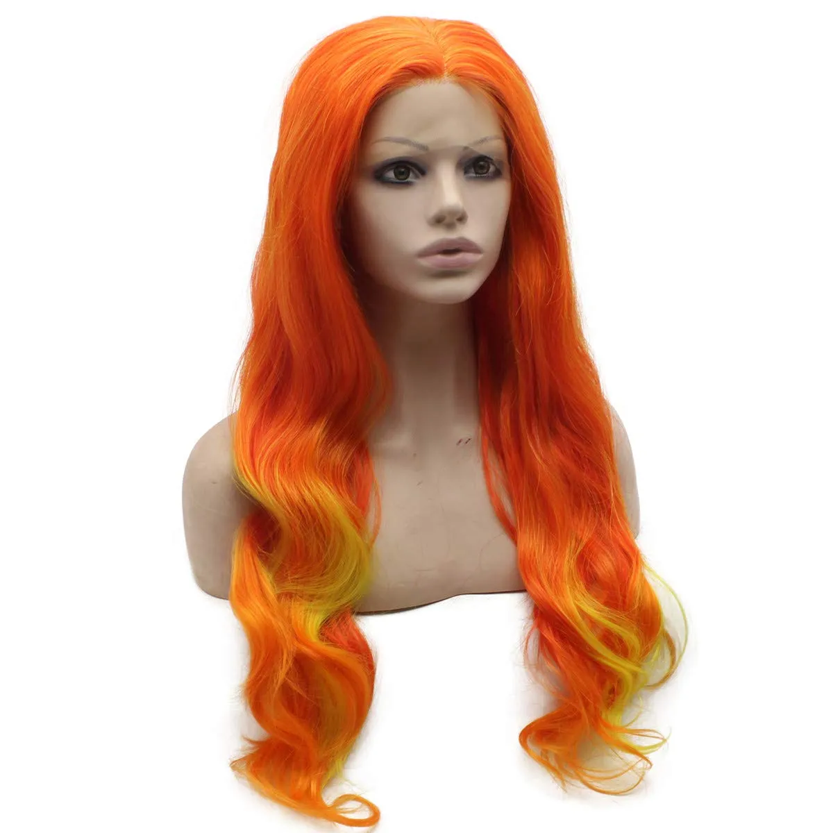 Mxangel Long Colorful Orange Yellow Two Tone Heat Friendly Fiber Lace front Cosplay Party Wig