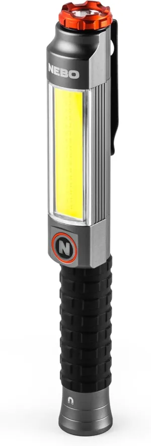 NEBO Big Larry 3 Work Light | 600 Lumens, 7 Light Modes, Magnetic COB Task Lamp & LED Flashlight, Steel Pocket Clip, Hands-Free Use, Water Resistant, Includes 3x AA Alkaline Batteries