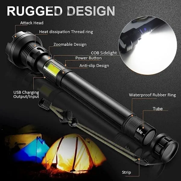 New 500W Powerful Zoom XHP70  LED Torch 4 CORE 100000 Lumens High Power Torch Rechargeable High Endurance Torch with 2PCS 26650 Rechargeable Battery