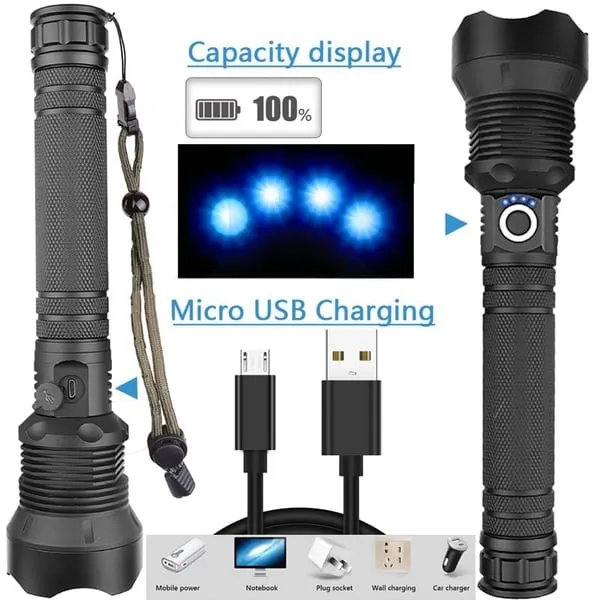 New 500W Powerful Zoom XHP70  LED Torch 4 CORE 100000 Lumens High Power Torch Rechargeable High Endurance Torch with 2PCS 26650 Rechargeable Battery