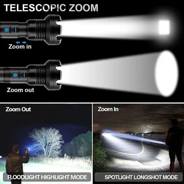 New 500W Powerful Zoom XHP70  LED Torch 4 CORE 100000 Lumens High Power Torch Rechargeable High Endurance Torch with 2PCS 26650 Rechargeable Battery