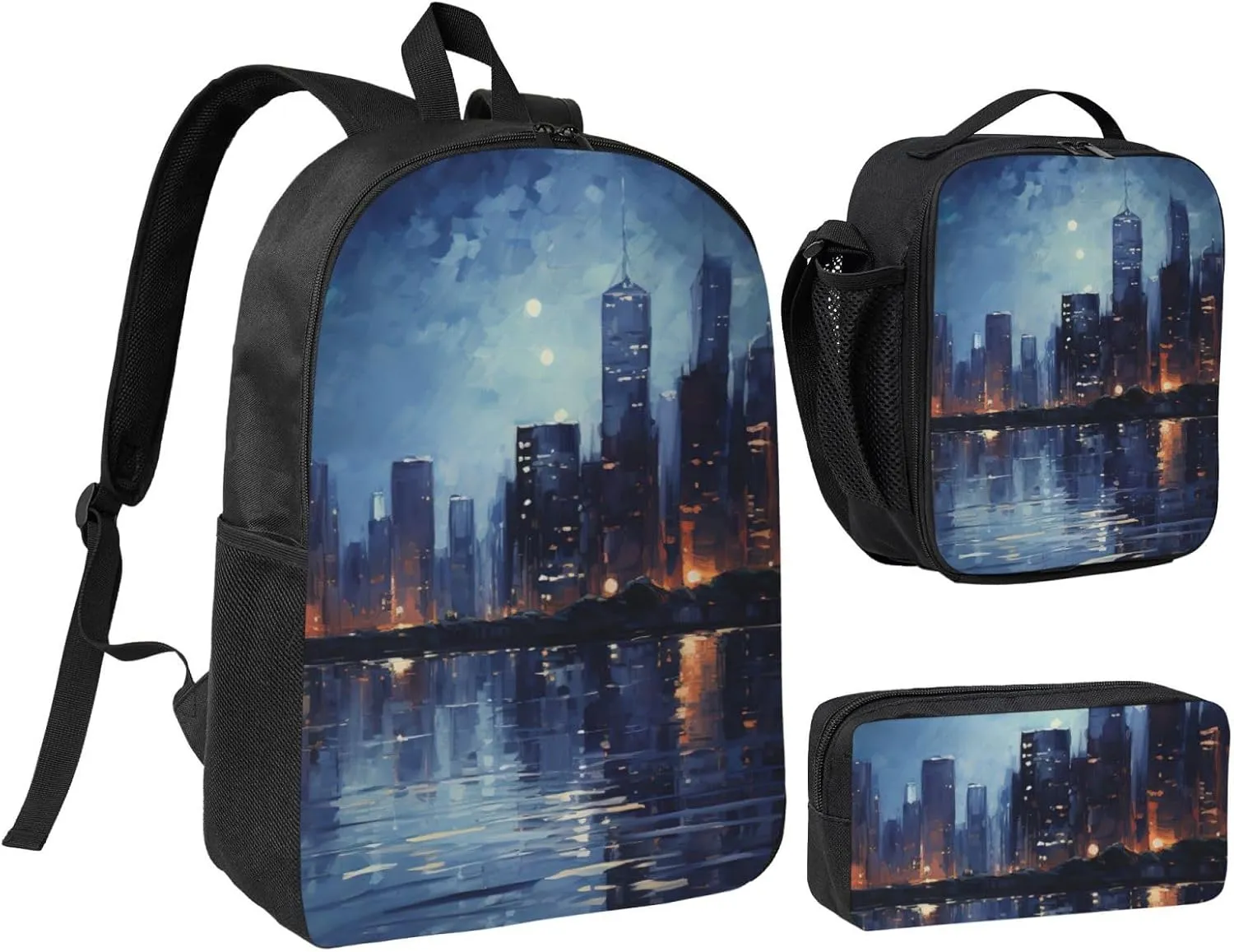 Night Scene print Backpack Set Casual Shoulder Bag Lunch Bag Pen Pouch 3 in 1 Set 17inch for Women Men College