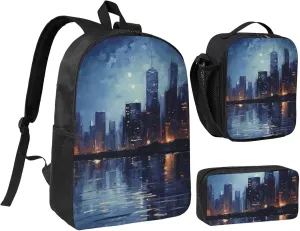 Night Scene print Backpack Set Casual Shoulder Bag Lunch Bag Pen Pouch 3 in 1 Set 17inch for Women Men College