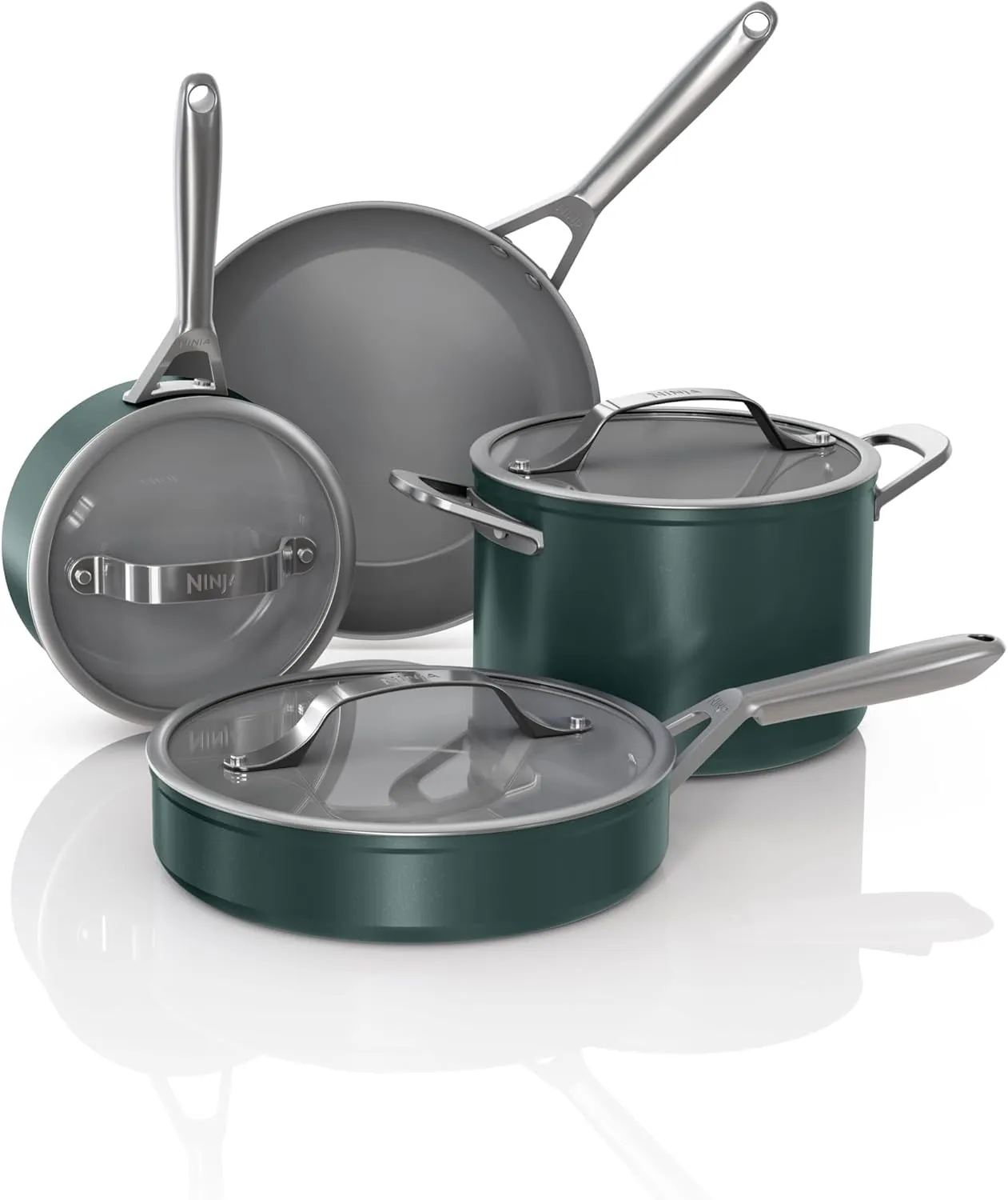 Ninja Ceramic Pro 7-Piece Cookware Set, Non-Stick Pots & Pans Set with Glass Lids, PTFE Free, Ceramic Coated, Oven Safe, All Stovetops & Induction Compatible, British Racing Green, CW39007GN