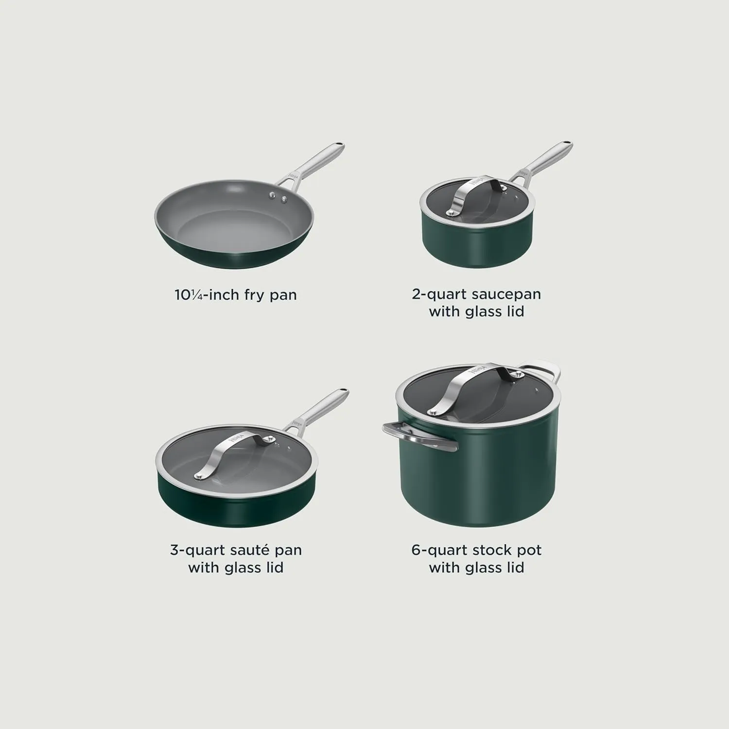 Ninja Ceramic Pro 7-Piece Cookware Set, Non-Stick Pots & Pans Set with Glass Lids, PTFE Free, Ceramic Coated, Oven Safe, All Stovetops & Induction Compatible, British Racing Green, CW39007GN