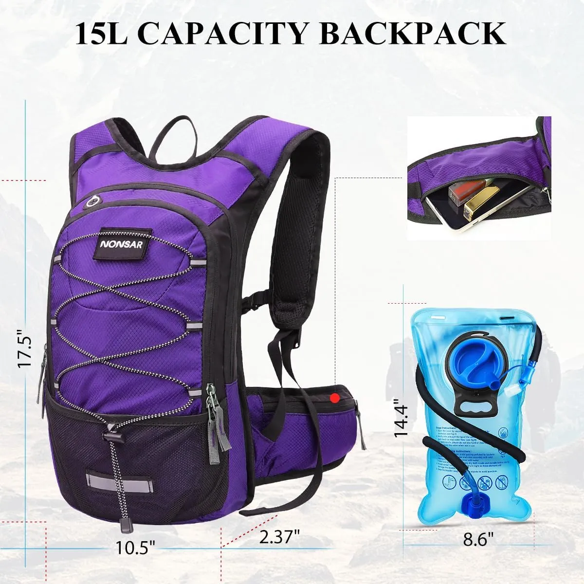 NONSAR Hydration Backpack, Hiking Backpack with 3L Water Bladder, Lightweight Insulation Hydration Pack, Water Backpack for Hiking, Cycling, Running, Festival, Camping for Men Women
