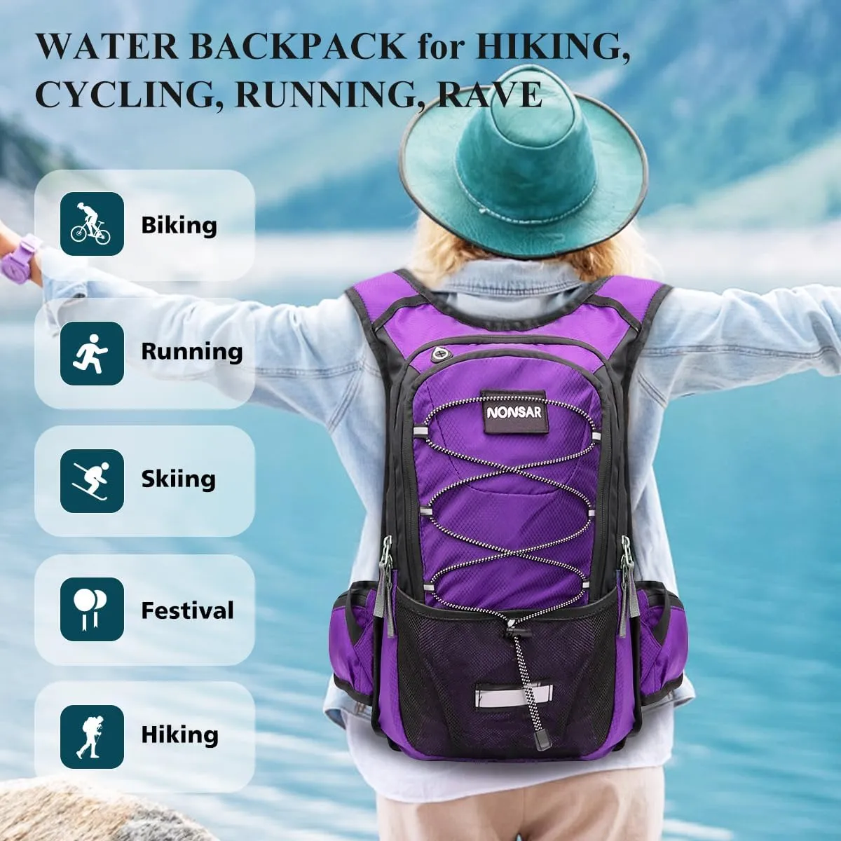 NONSAR Hydration Backpack, Hiking Backpack with 3L Water Bladder, Lightweight Insulation Hydration Pack, Water Backpack for Hiking, Cycling, Running, Festival, Camping for Men Women