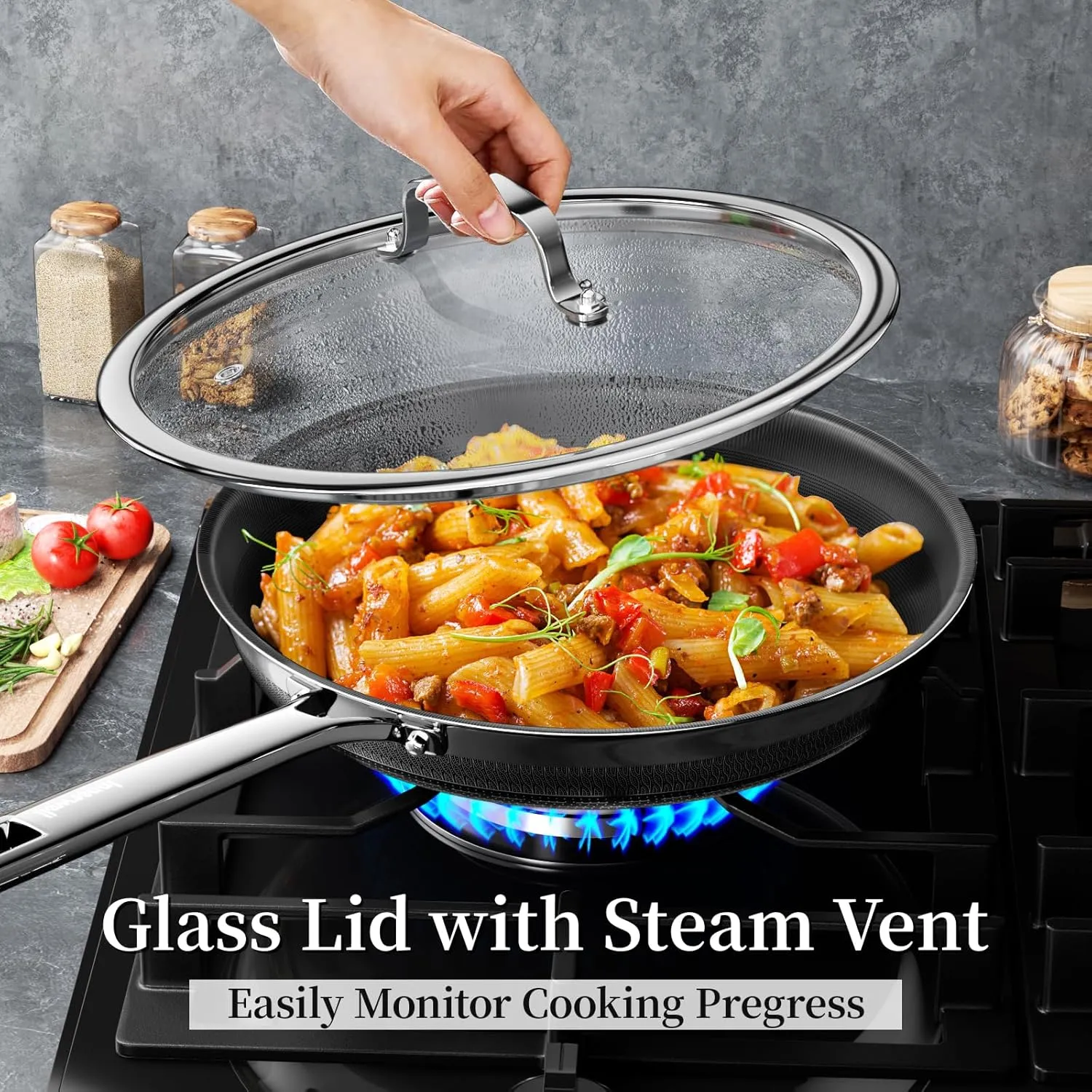 Nonstick Ceramic Frying Pan Set,8inch&9.5inch&11inch Stainless Steel Frying Pan Skillet W/Glass Lid,Titanium Ceramic Omelet Pans,Kitchen Cooking Pan Set, Compatible W/All Cooktops