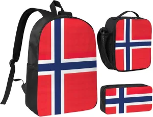 Norwegian flag print Backpack Set Casual Shoulder Bag Lunch Bag Pen Pouch 3 in 1 Set 17inch for Women Men College