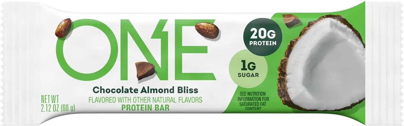 ONE Protein Bars, Chocolate Almond Bliss, Gluten Free with 20g Protein and 1g Sugar, Pantry Staples, 2.12 oz (12 Pack), Packaging May Vary