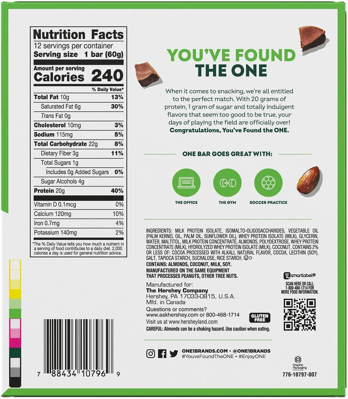 ONE Protein Bars, Chocolate Almond Bliss, Gluten Free with 20g Protein and 1g Sugar, Pantry Staples, 2.12 oz (12 Pack), Packaging May Vary