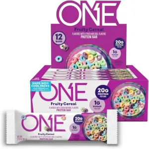 ONE Protein Bars, Fruity Cereal, Gluten Free with 20g Protein and 1g Sugar, Pantry Staples, 2.12 oz (12 Count), Packaging May Vary