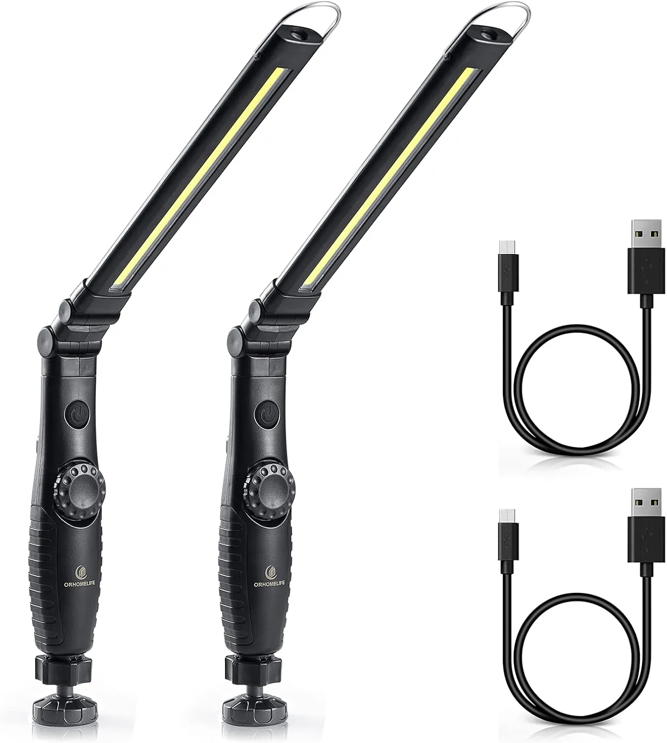 ORHOMELIFE Rechargeable LED Work Light - 750 Lumens Foldable LED Flashlight Handheld Cordless Work light with Magnetic Base, 360°Rotate, Power Indicator for Car Repair, Garage, Household (2 Pack)
