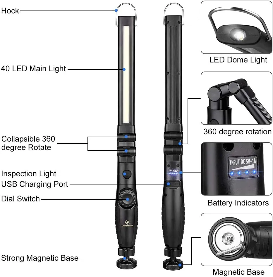 ORHOMELIFE Rechargeable LED Work Light - 750 Lumens Foldable LED Flashlight Handheld Cordless Work light with Magnetic Base, 360°Rotate, Power Indicator for Car Repair, Garage, Household (2 Pack)