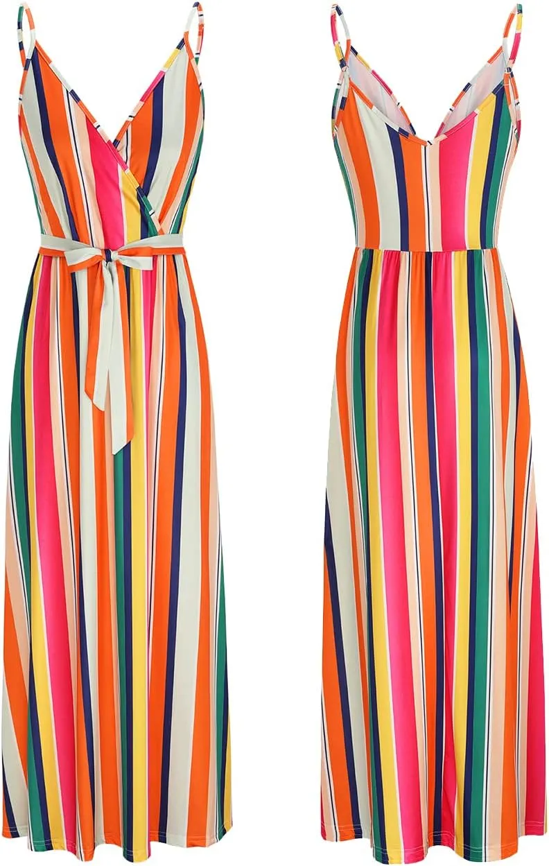 OUGES Womens Summer Maxi Dress V Neck Floral Adjustable Spaghetti Strap Beach Dresses with Pockets