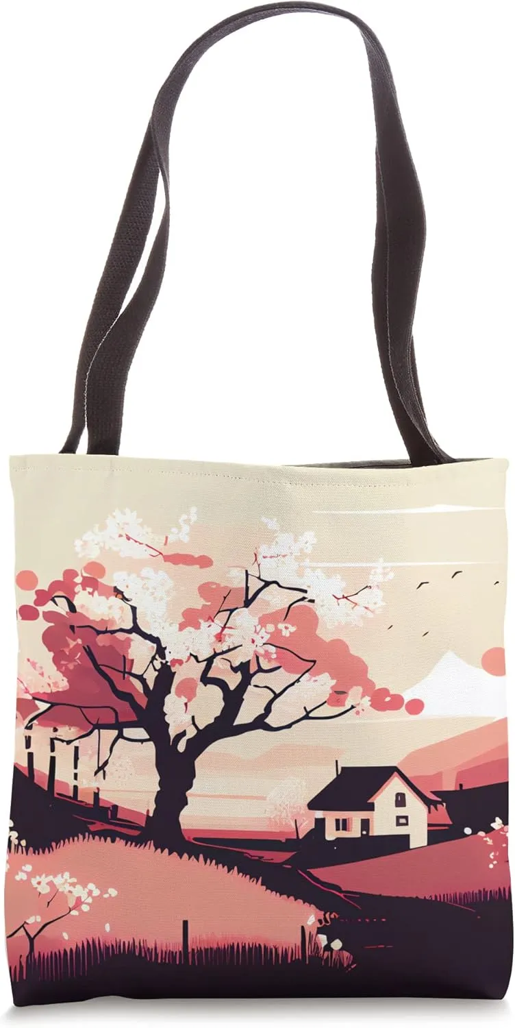 Pastel Cherry Blossom tree hillside countryside house Tote Bag