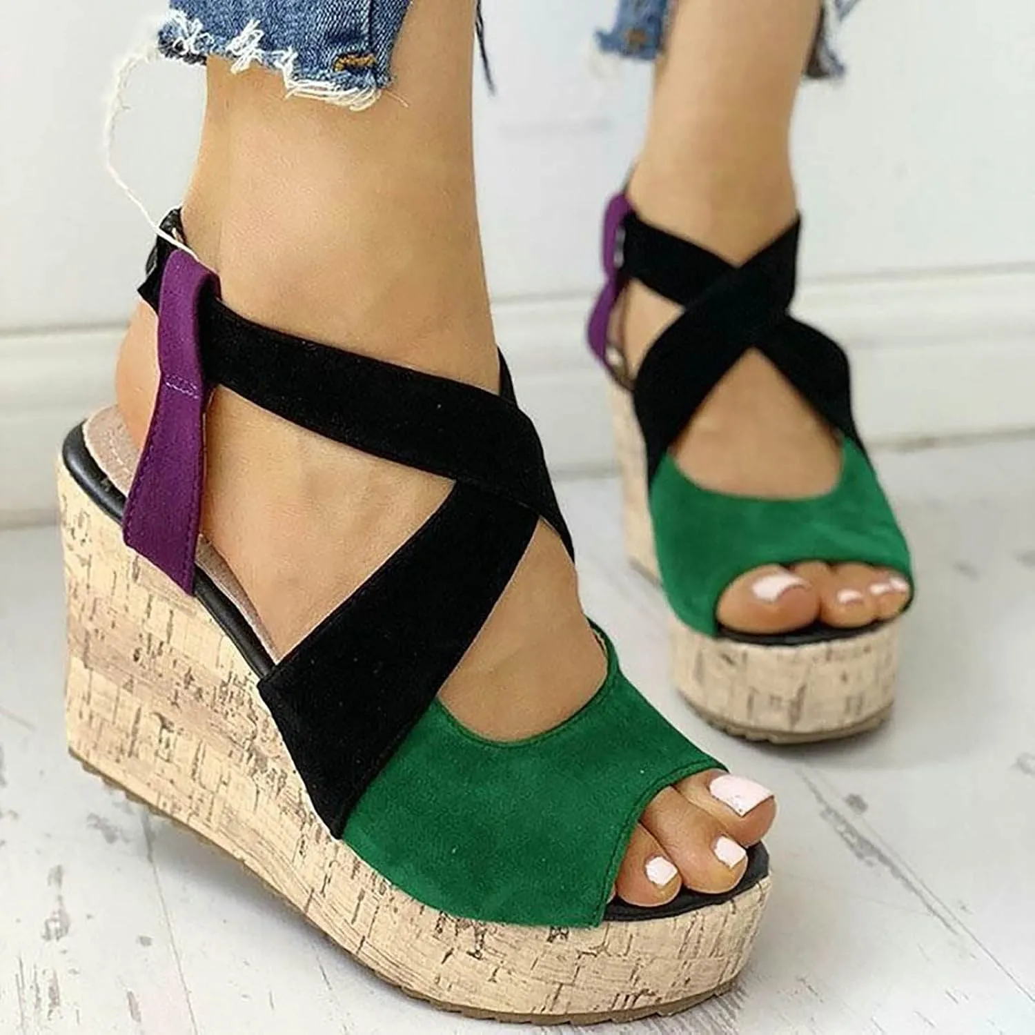 Peep Toe Wedge Sandals 2 Color Adjustable Ankle Strap Suede Crossband Heeled