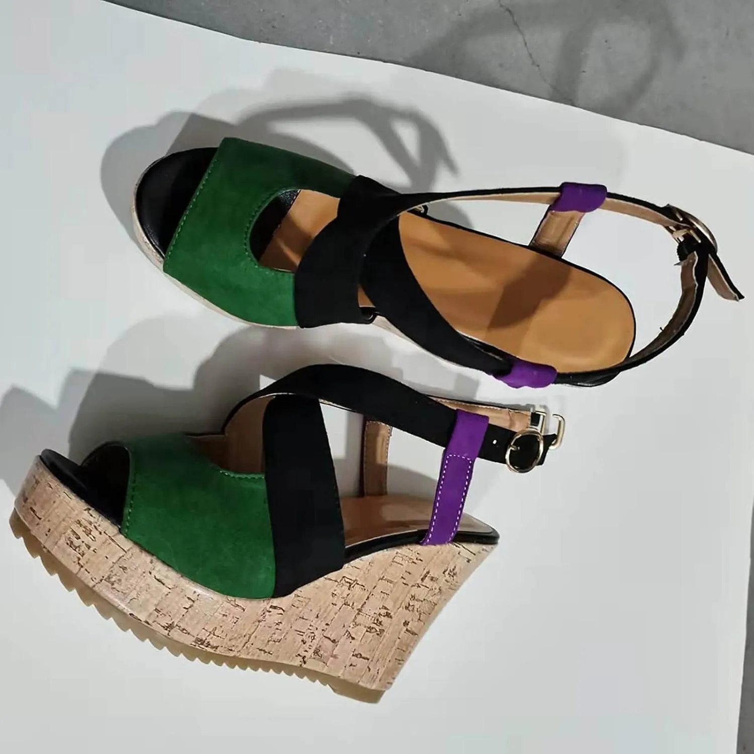 Peep Toe Wedge Sandals 2 Color Adjustable Ankle Strap Suede Crossband Heeled